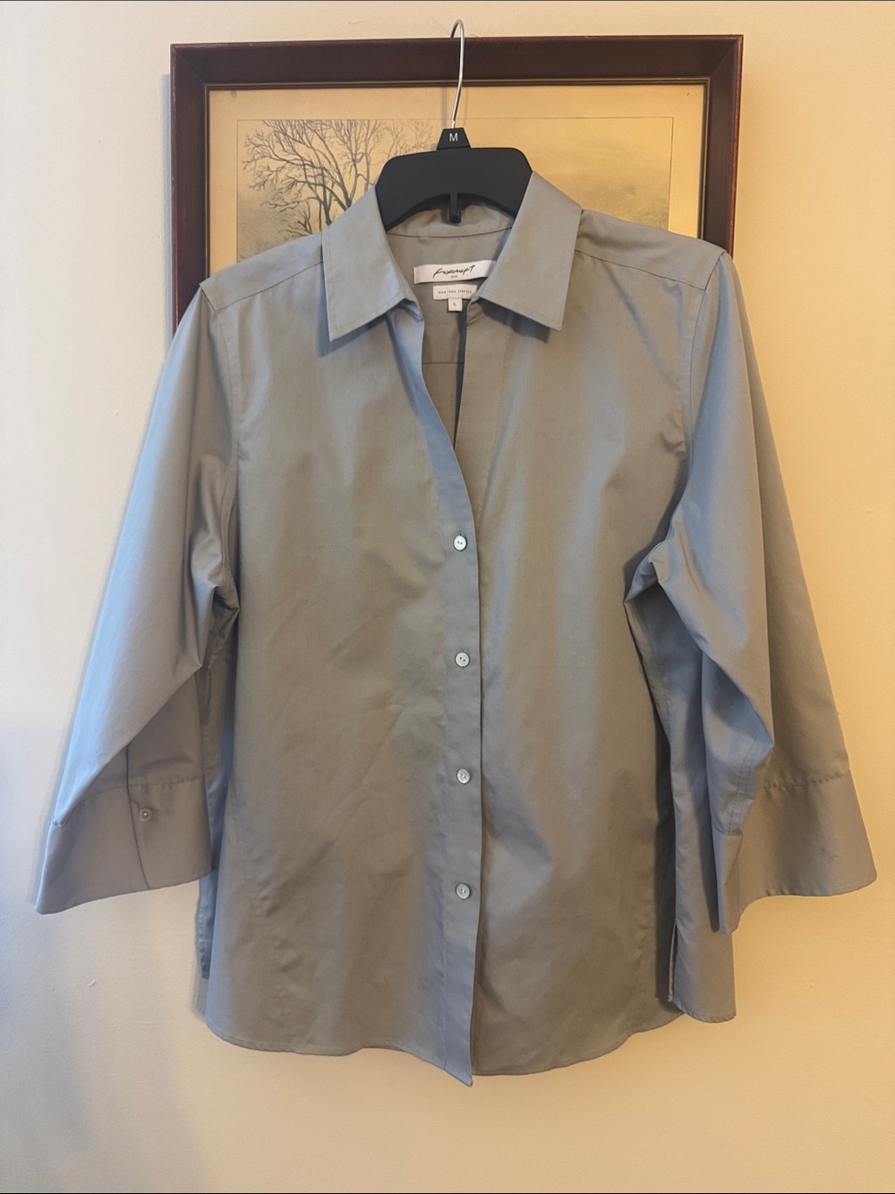 FoxCroft NYC Women’s Grey Collared Button Down Blouse 3/4 Sleeve Non-Iron Large